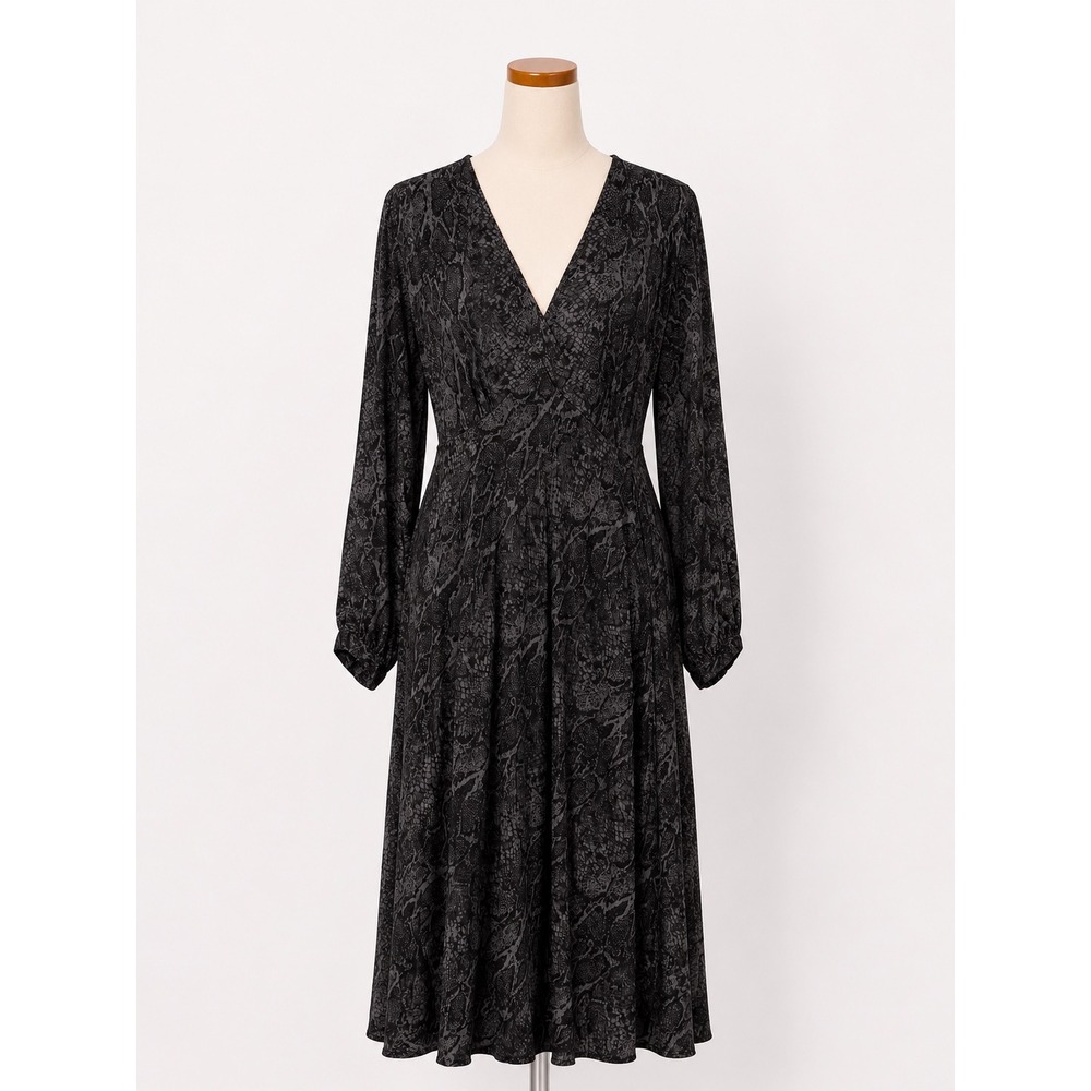 Rails Shiloh Charcoal Snakeskin Print V-Neck Midi Dress Grey Black Long Sleeve S